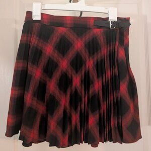 Mango Plaid Skirt Black Red Pleated with Belt
